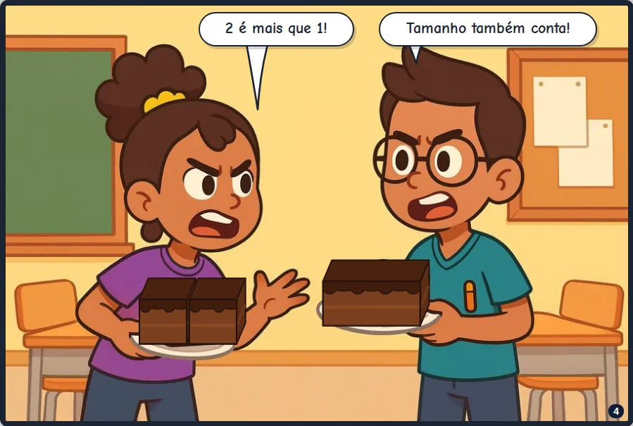 Quadro da HQ: Ana diz que 2 é mais que 1 e Bruno responde que tamanho também conta