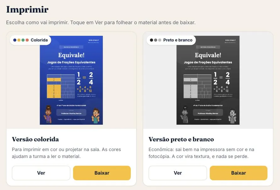 Na página do material, o professor escolhe a versão colorida ou a versão preto e branco