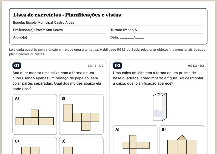 Lista de exercícios no padrão CAEd com o cabeçalho da escola